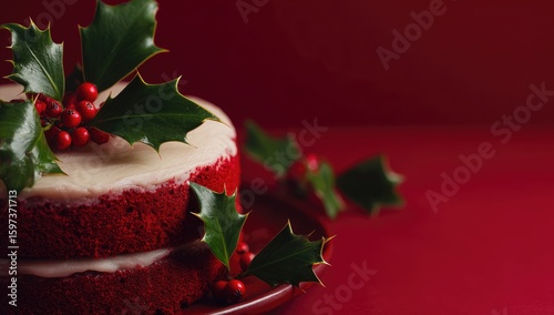 Festive red velvet cake with cream frosting and holly sprigs on a dark plate