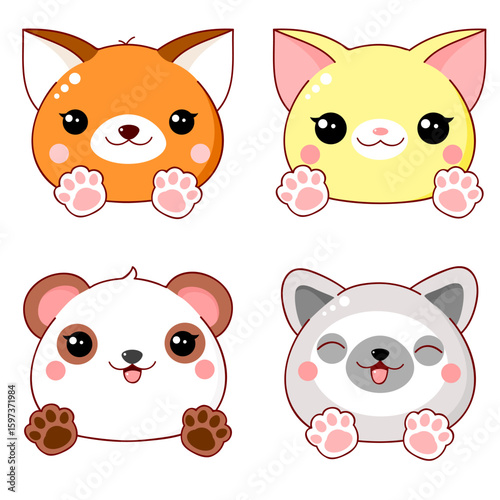 Cute animal with its paws stretched out forward. Baby collection of avatar with fox, cat, panda, puppy. Sweet set of baby animals. Can be used for t-shirt print, stickers, greeting card. Vector EPS8