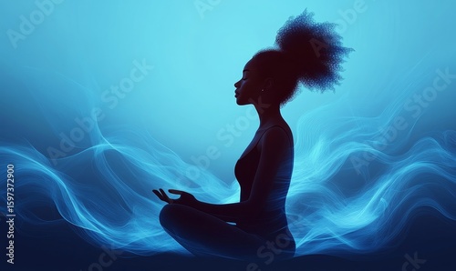 Abstract illustration of a Black African American woman meditating, practicing self-love, mindfulness, and wellbeing, against a blue psychic wave background, Generative AI