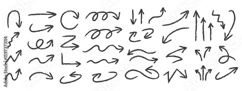 arrows handdrawn chalk crayon hand written style. squiggle arrow direction shape textured line up and down icon symbol vector illustration