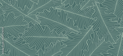 Abstract green leaf seamless pattern with line art style.