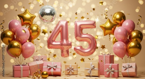 Elegant birthday celebration with balloons, disco ball, and gifts for a 45th anniversary