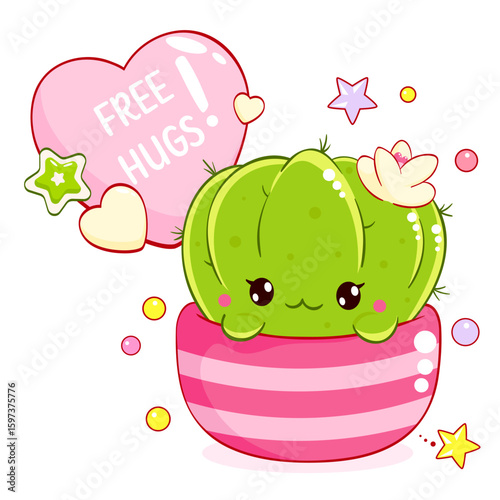 Free hugs. Friendly little cactus. Adorable kawaii cactus is just waiting for a hug. Poster for nursery, greeting card, print, banner for home interior, kid t-shirt. Vector illustration EPS8