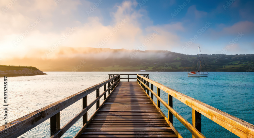 Obraz premium A wooden pier with a sailboat in the water.