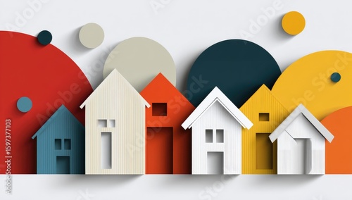 Colorful paper cut-out houses, minimalist style