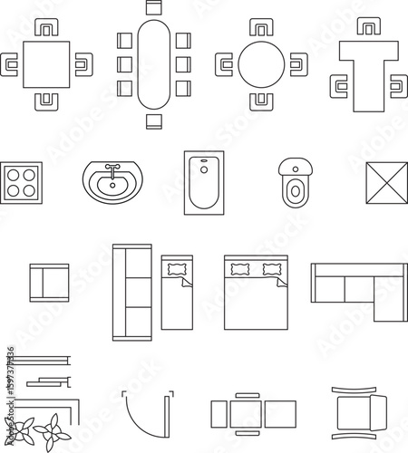 Furniture Floor Plan Icons Set, interior design, seat plan, Architectural elements, bathroom, customizable stroke, vector, illustration