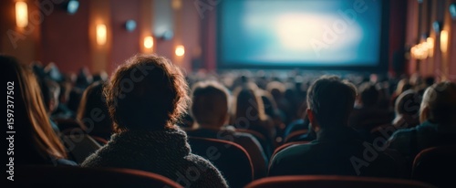 The audience captivated by a film in a darkened movie theater setting