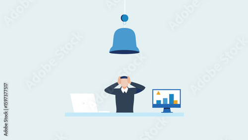 Person at desk with laptop and monitor covering ears from a bell notification above their head
