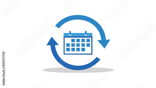 Blue calendar icon with curved arrows indicating a cycle or recurring event and a white background