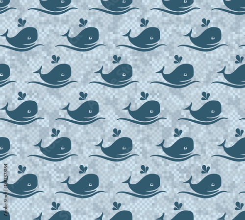 Seamless background with whales in the sea.
