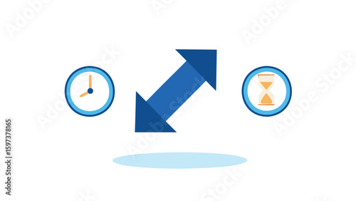 Illustration of time management with a clock, arrow, and hourglass on a white background space 100