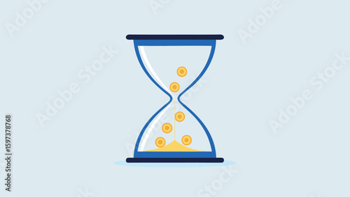 Hourglass with coins falling through the center representing time and money management concept well being