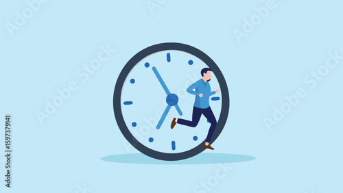 A man running in front of a clock with blue hands and markers on a light blue background is depicted