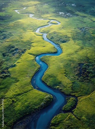 Winding river through vibrant green landscape