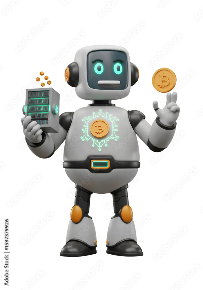 Fototapeta premium Cartoon robot holding a server rack and tossing a bitcoin. Animated character in futuristic, gray and black clothing/design, holding a server and tossing a bitcoin in the air.