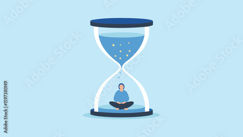 Person meditating inside an hourglass with stars flowing down on a light blue background illustration