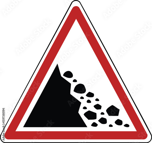 Warning sign for falling rocks or landslides isolated on transparent background