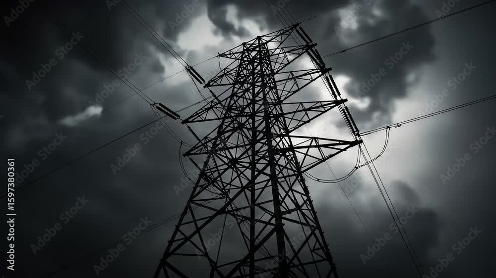 Silhouette of a towering electricity pylon against a stormy sky, evoking a sense of power and tension