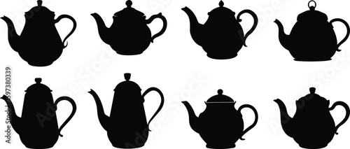 Teapot Silhouette Icons Set for Teatime, Kitchen, and Retro Design