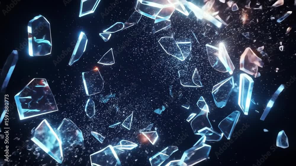 Exploding Sphere of Glowing Particles and Light Fragments on Dark Background