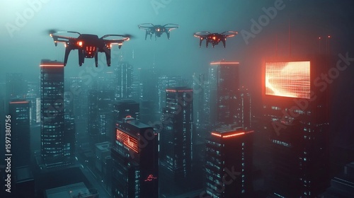 Fototapeta Naklejka Na Ścianę i Meble -  A dark futuristic city with drones flying over neon-lit skyscrapers.