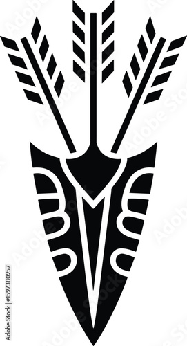 Artistic black silhouette of a decorative arrow and three fletched arrows in an ornamental design