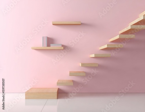 Wooden shelves and stairs against a soft pink wall