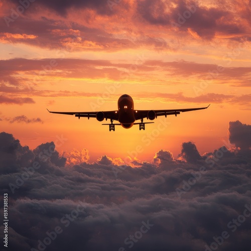 Airplane descending through colorful sunset clouds