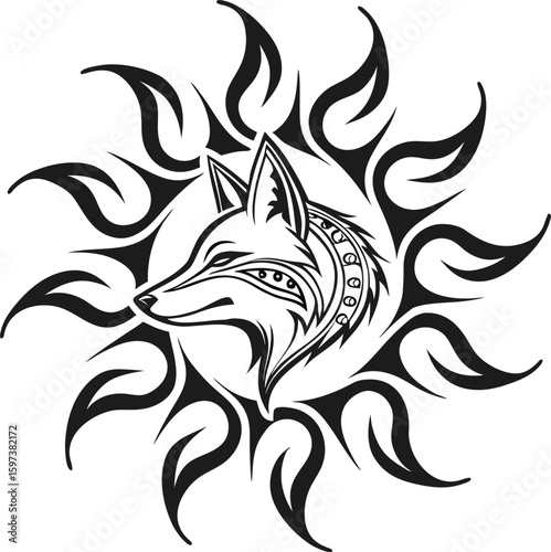 Tribal Fox Head in Flame Circle Tattoo Style Illustration for Logo Sticker Poster Design Animal Spirit Symbol Art