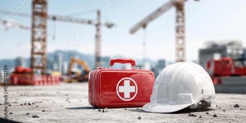 The red first aid kit beside the white hard hat on a construction site