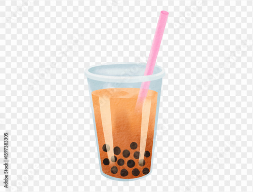 Watercolor illustration of a plastic cup of bubble milk tea with straw and tapioca pearls, trendy summer drink. Vector.