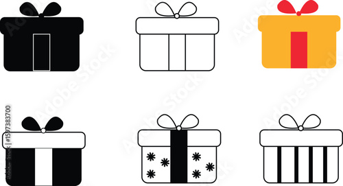 Collection of various gift box icons with bows and decorative line art  vector illustration