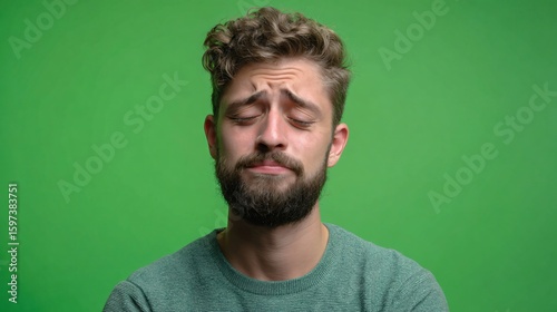 Man with closed eyes displays profound disappointment on a bright green screen while shaking his head slowly showing