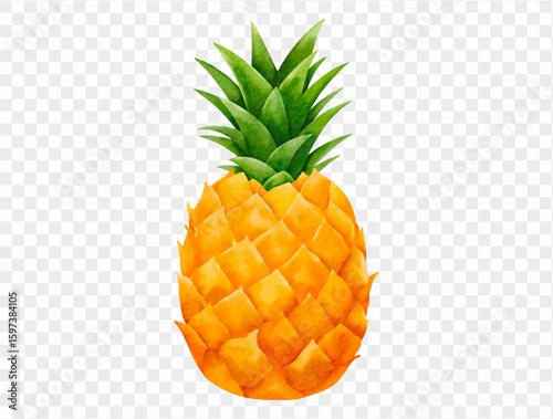 Hand painted watercolor illustration of a tropical pineapple with detailed texture and vibrant colors. Vector.