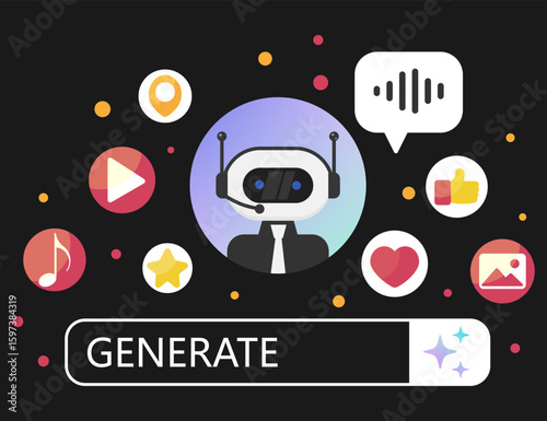 Robot assistant generating multimedia content surrounded by icons of music, video, image, and social media. Modern flat UI concept with AI chatbot and creative content symbols.