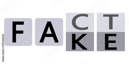 Creative visual representation of the words fake and fact highlighting misinformation and truth. Abstract text design concept symbolizing fake news and factual content with block letters.