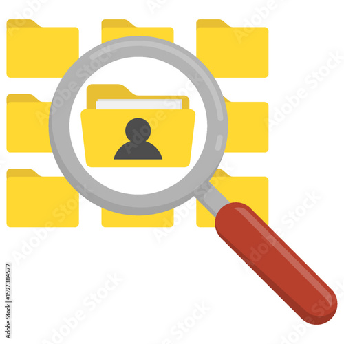 Data privacy concept with file folders and magnifier, representing inspection, research, or identity tracking. Search personal data. Data folder icon. File identity audit. Privacy folder search.