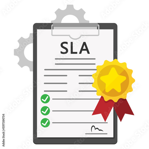 Vector illustration of a Service Level Agreement SLA document with checklist and certification badge, representing quality assurance and business standards, ideal for topics like quality, standards.