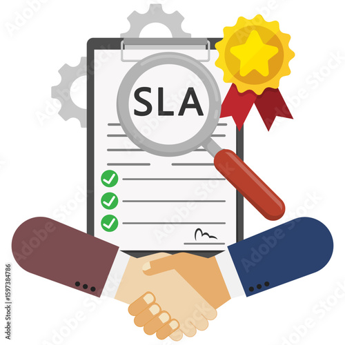 Vector illustration of a business handshake in front of a Service Level Agreement SLA document with a magnifying glass and approval badge, symbolizing trust and contract compliance.