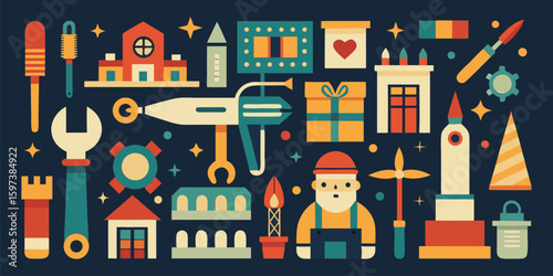 Vector art of a vibrant assortment of tools, buildings, and festive icons set against a dark, starry background.