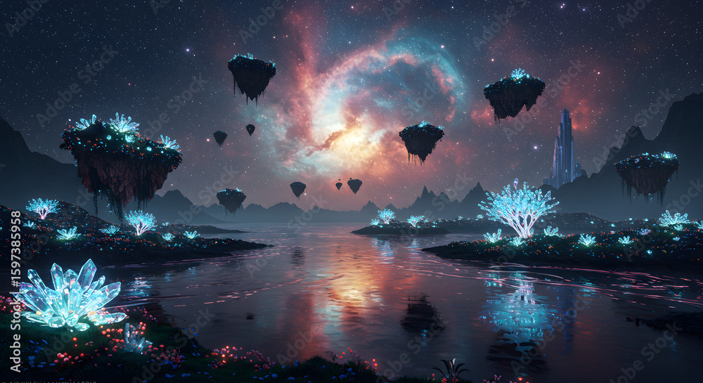 Obraz premium Surreal fantasy landscape with floating islands and a cosmic starlight river