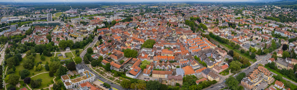 Fototapeta premium Aerial view beside the old town of the city Offenburg in Germany, on a sunny afternoon in summer.