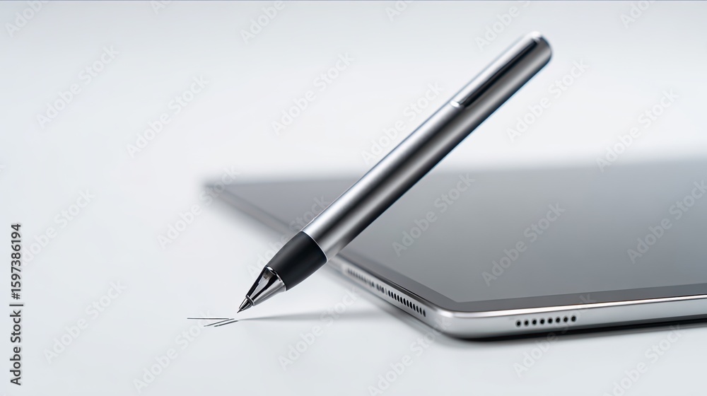 Sleek silver stylus poised above a tablet, ready for digital note-taking. Sleek silver stylus poised above a tablet, ready for digital note-taking.