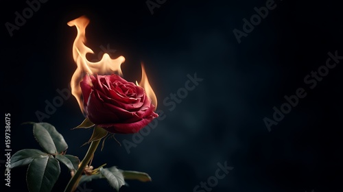 Fototapeta Naklejka Na Ścianę i Meble -  Burning rose of passion flame dark romantic setting fire flower against black background