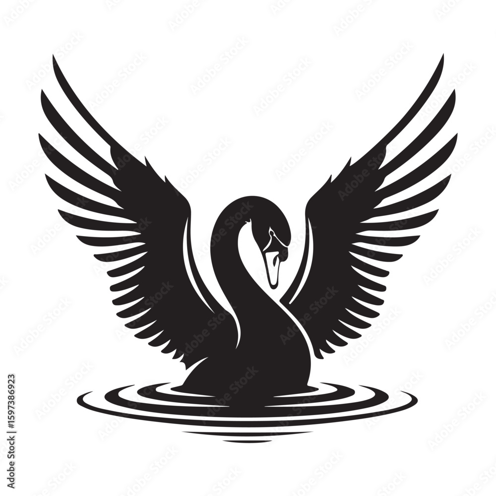 Obraz premium Black and white vector bird silhouette illustration of a flying eagle or swan with spread wings, perfect for a tattoo or symbol design of nature and freedom