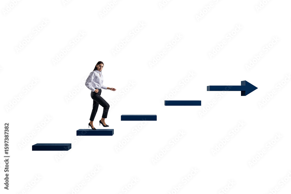 Fototapeta premium Female businessperson climbing abstract staircase with upward arrow on clean white background, concept of ambition and career achievement