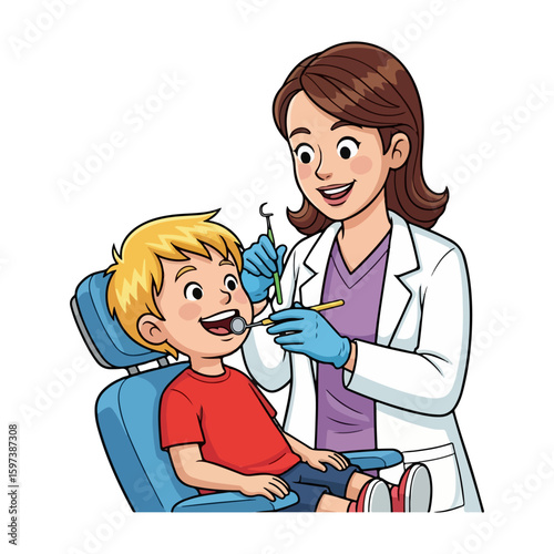 Cartoon character of a dentist cleaning the teeth of a child patient, colored cartoon with line art and white background. AI generated image.