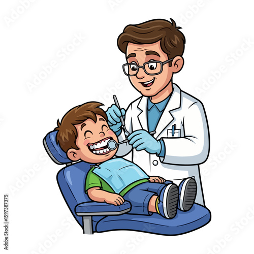 Cartoon character of a dentist cleaning the teeth of a child patient, colored cartoon with line art and white background. AI generated image.