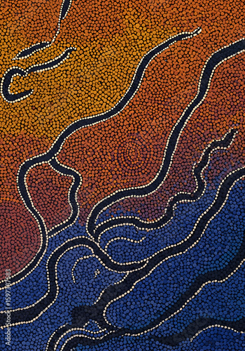 Abstract dot painting depicting landscape with flowing lines and colors. Indigenous Australian artwork displays a dynamic landscape in ochre, blue, and orange.