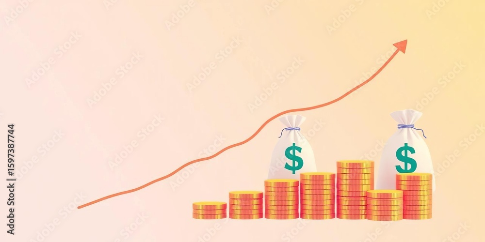 Obraz premium Financial growth chart with money bags and coins in a minimalist flat vector design, saving, cash